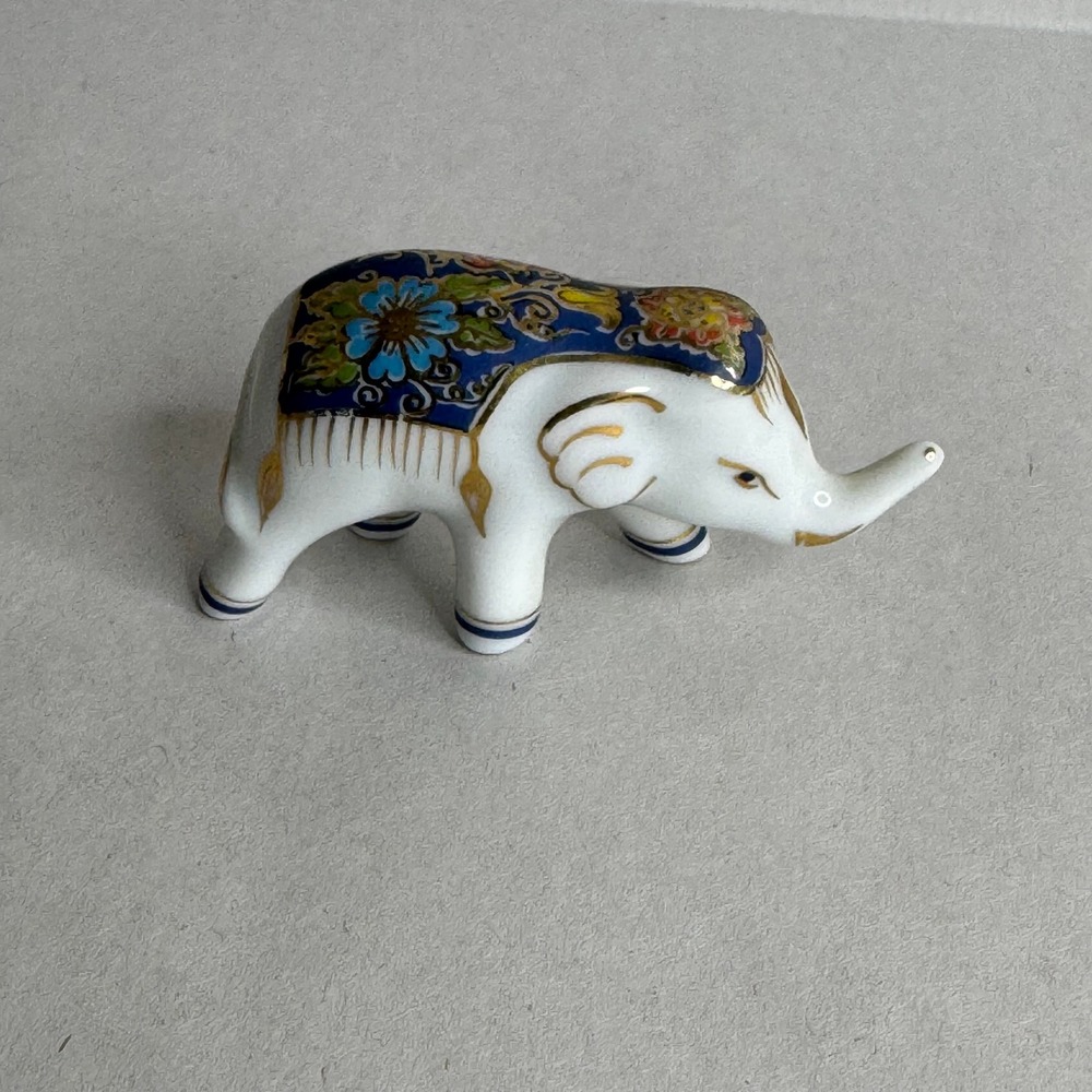 Vintage Porcelain Elephant Figurine White Blue Floral Gold Gilt Miniature Japan